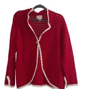 Monterey Bay Retro Cardigan Open Knit Sz XL Red Open Knit Sweater Grannycore